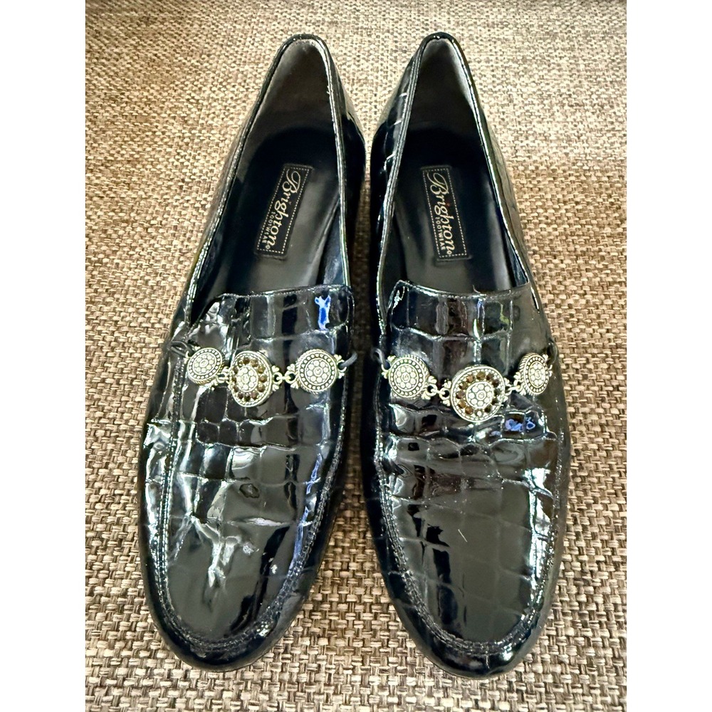 Brighton Women's Black Patent Leather Croc Beaded Loafer Flats 8W